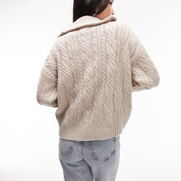 Topshop Cable Knit Oversized Zip Collar Sweat Oat Size 12 - Picture 3 of 12